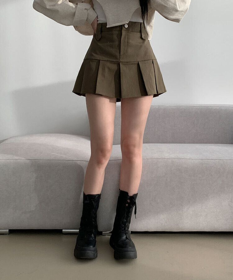 ピンタックバックゴムミニスカート(パンツ付き) KHAKI