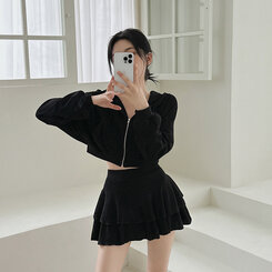 ラップミニスカート SET]フードクロップジップアップ ラップミニスカート｜ツーピース