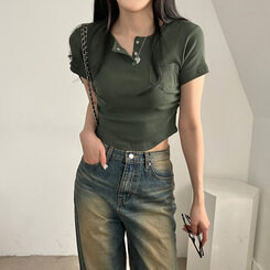 シャーリングスナップクロップTシャツ6色 カーキ