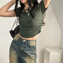 シャーリングスナップクロップTシャツ6色 カーキ