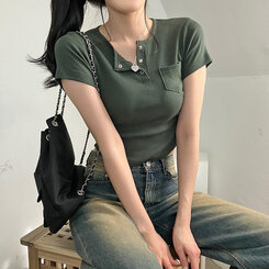 シャーリングスナップクロップTシャツ6色 カーキ