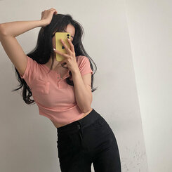 シャーリングスナップクロップTシャツ6色 ピンク