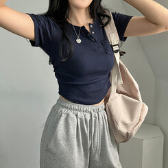 シャーリングスナップクロップTシャツ6色 ネイビー