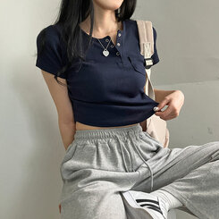 シャーリングスナップクロップTシャツ6色 ネイビー