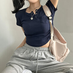 シャーリングスナップクロップTシャツ6色 ネイビー