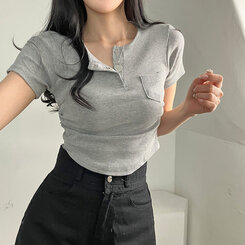 シャーリングスナップクロップTシャツ6色 グレー