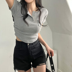 シャーリングスナップクロップTシャツ6色 グレー