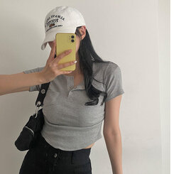 シャーリングスナップクロップTシャツ6色 グレー