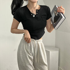 シャーリングスナップクロップTシャツ6色 ブラック