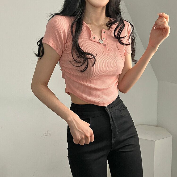シャーリングスナップクロップTシャツ6色 ピンク