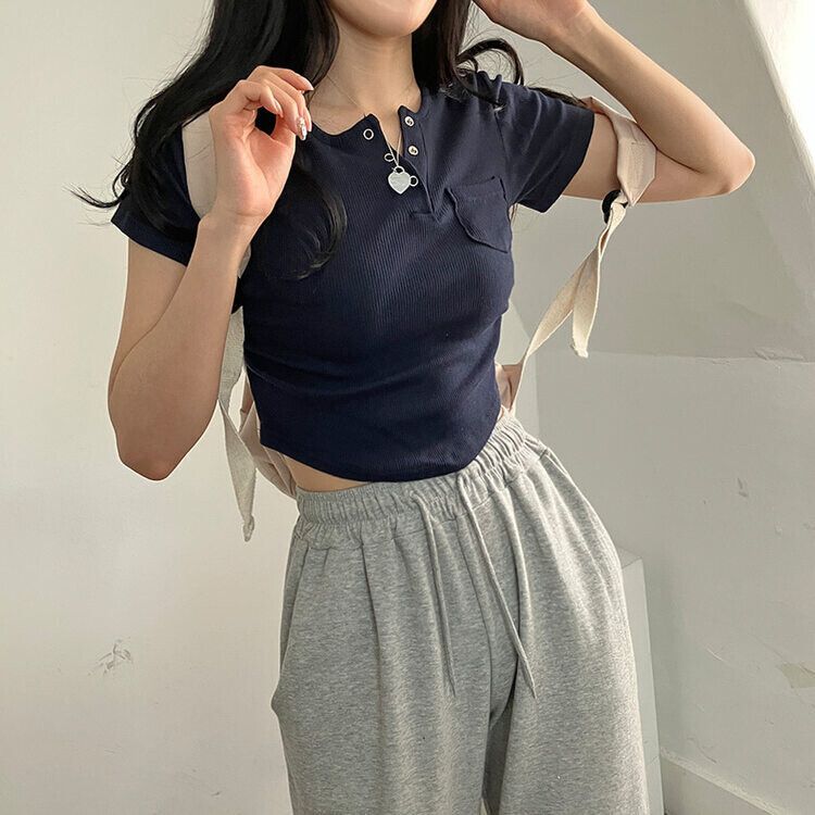 シャーリングスナップクロップTシャツ6色 ネイビー