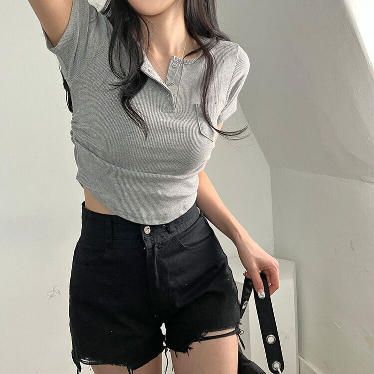 シャーリングスナップクロップTシャツ6色 グレー