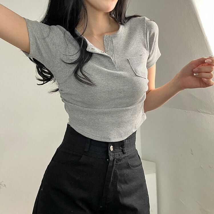 シャーリングスナップクロップTシャツ6色 グレー
