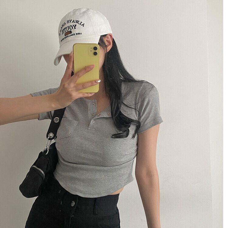 シャーリングスナップクロップTシャツ6色 グレー