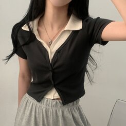 配色カラークロップ半袖カーディガンTシャツ チャコール