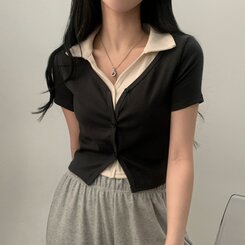配色カラークロップ半袖カーディガンTシャツ チャコール
