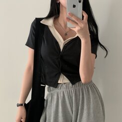 配色カラークロップ半袖カーディガンTシャツ チャコール