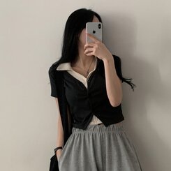 配色カラークロップ半袖カーディガンTシャツ チャコール