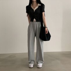 配色カラークロップ半袖カーディガンTシャツ チャコール