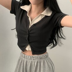 配色カラークロップ半袖カーディガンTシャツ チャコール