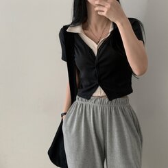 配色カラークロップ半袖カーディガンTシャツ チャコール