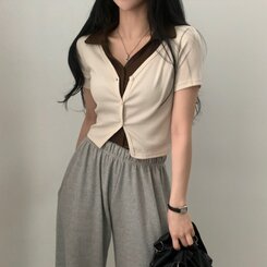 配色カラークロップ半袖カーディガンTシャツ アイボリー