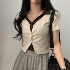 配色カラークロップ半袖カーディガンTシャツ アイボリー
