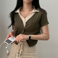 配色カラークロップ半袖カーディガンTシャツ カーキ