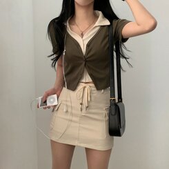 配色カラークロップ半袖カーディガンTシャツ カーキ