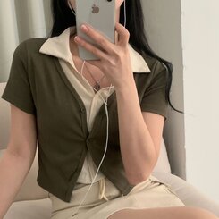 配色カラークロップ半袖カーディガンTシャツ カーキ