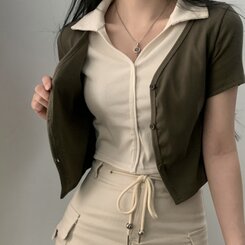 配色カラークロップ半袖カーディガンTシャツ カーキ