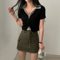 配色カラークロップ半袖カーディガンTシャツ ブラック