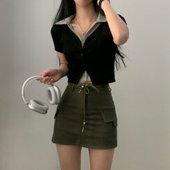 配色カラークロップ半袖カーディガンTシャツ ブラック