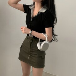 配色カラークロップ半袖カーディガンTシャツ ブラック