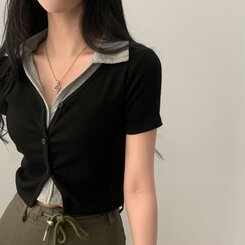 配色カラークロップ半袖カーディガンTシャツ ブラック