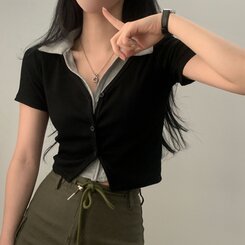 配色カラークロップ半袖カーディガンTシャツ ブラック
