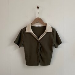 配色カラークロップ半袖カーディガンTシャツ