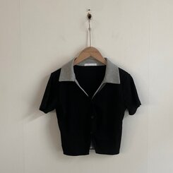 配色カラークロップ半袖カーディガンTシャツ