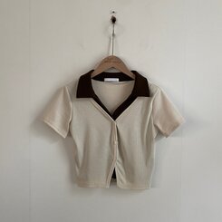 配色カラークロップ半袖カーディガンTシャツ