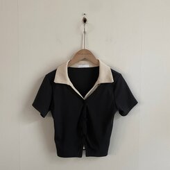 配色カラークロップ半袖カーディガンTシャツ