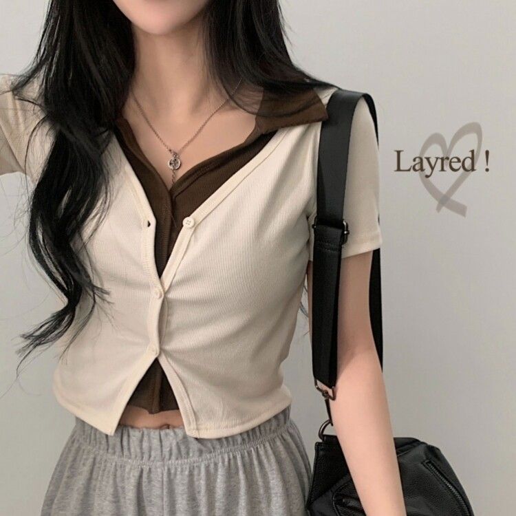 配色カラークロップ半袖カーディガンTシャツ アイボリー