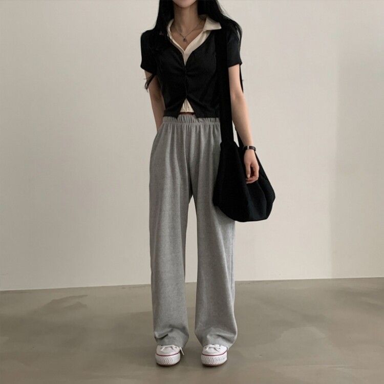 配色カラークロップ半袖カーディガンTシャツ チャコール