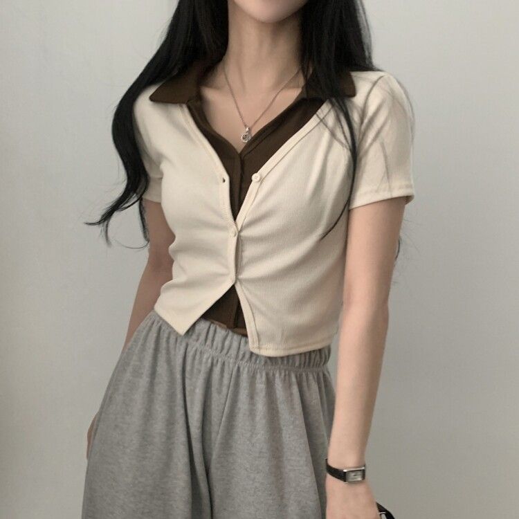 配色カラークロップ半袖カーディガンTシャツ アイボリー