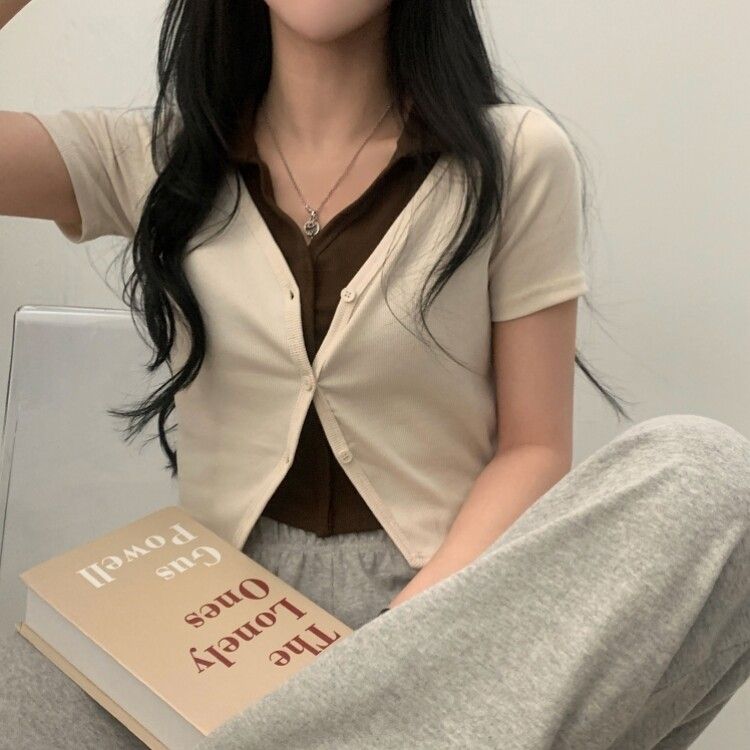 配色カラークロップ半袖カーディガンTシャツ アイボリー