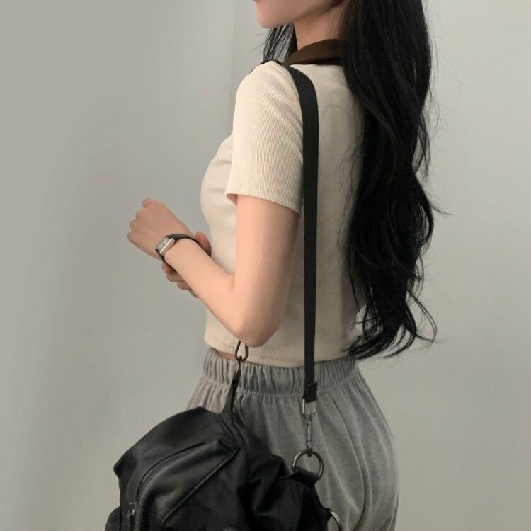 配色カラークロップ半袖カーディガンTシャツ アイボリー