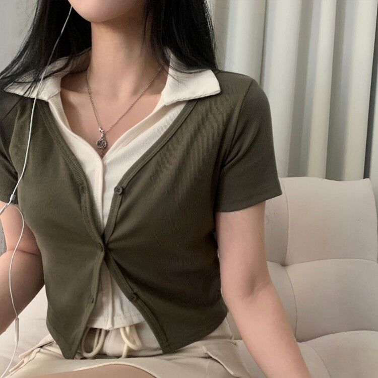 配色カラークロップ半袖カーディガンTシャツ カーキ