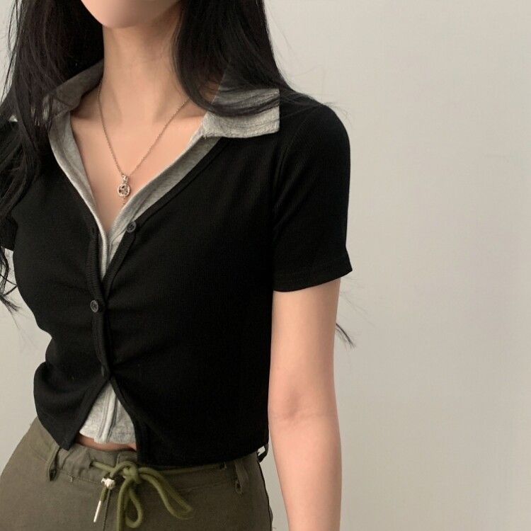 配色カラークロップ半袖カーディガンTシャツ ブラック