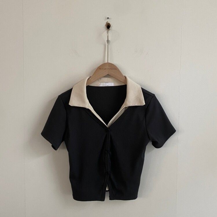 配色カラークロップ半袖カーディガンTシャツ