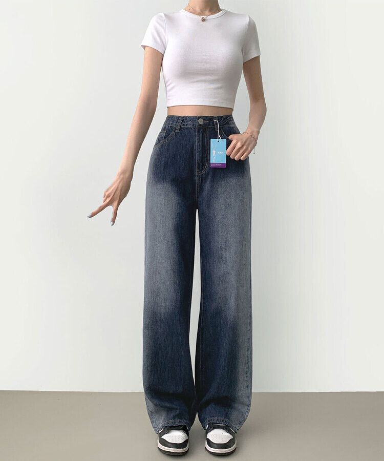 ウォッシングロングワイドデニムパンツ DEEP BLUE