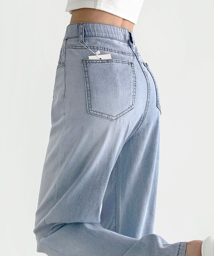 ウエストバンディングロングワイドデニムパンツ ライトブルー